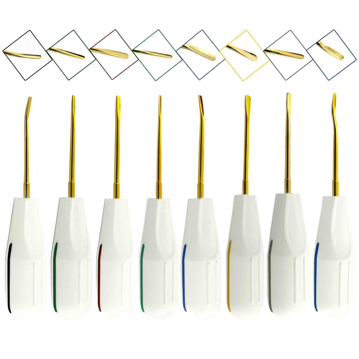 Bild von Dental Luxating Elevators 8er Set mit weißem Kunststoffgriff Gold-Tipps